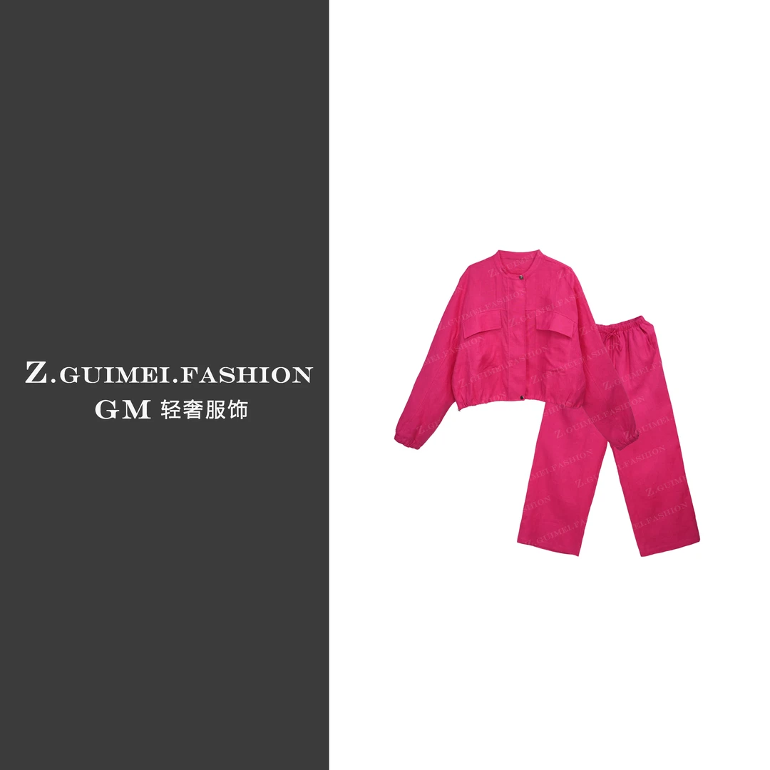 【肆姐高定】设计师款玫红色亚麻口袋上衣长裤套装XY2397