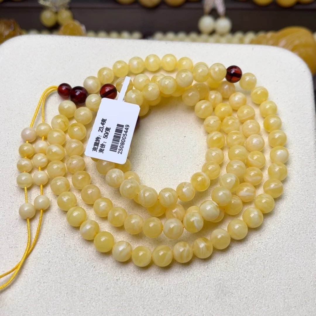 蜜蜡颈饰未镶嵌7圆珠108浓白花蜡虎皮纹