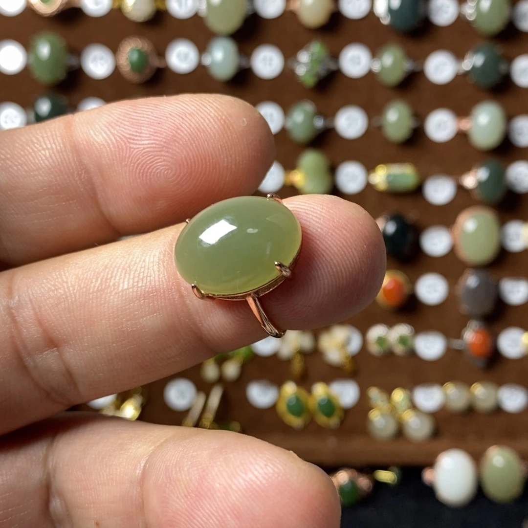 和田玉（青玉）戒指银S925镀金镶嵌