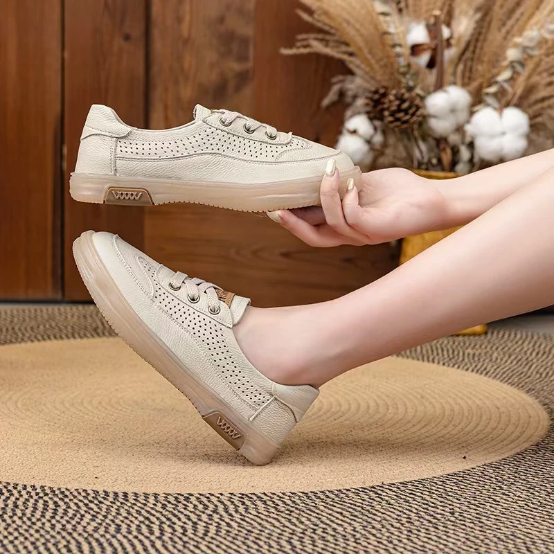 B2832025新卡伦夏季牛皮镂空透气女款一脚蹬平底凉单鞋软底皮鞋