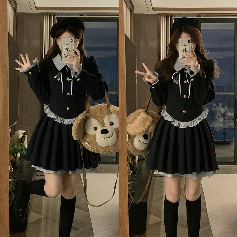 2025胖妹妹清纯校花春秋冬学院风小个子显瘦长袖短款连衣裙