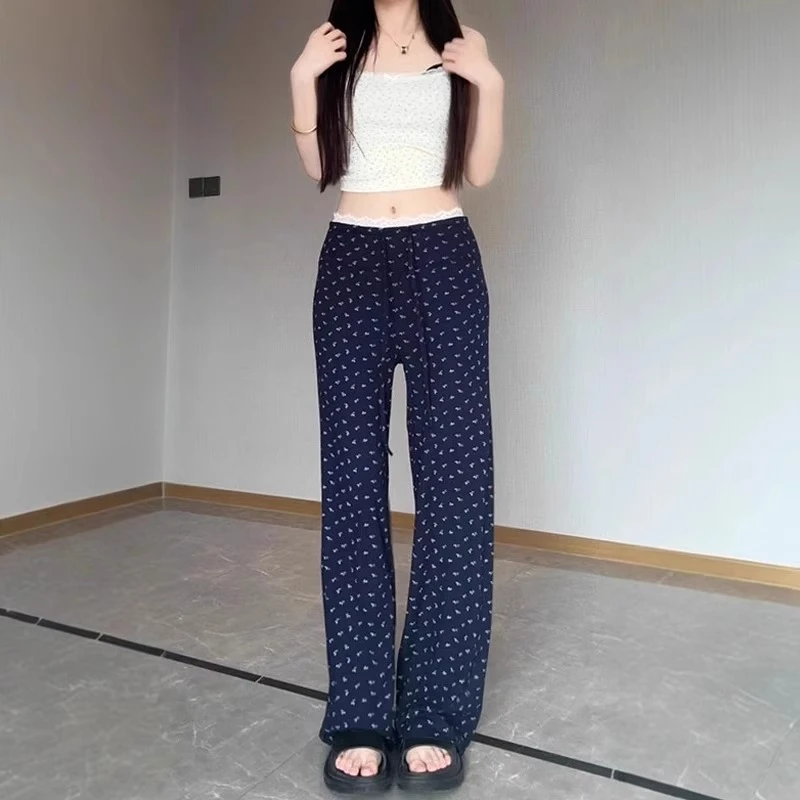 美式复古风蕾丝碎花直筒裤女2025夏季新款宽松显瘦百搭休闲阔腿裤