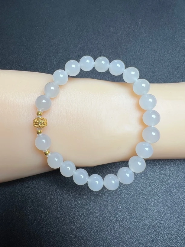 和田玉白玉羊脂白玉（8mm)18k金镶嵌时尚百搭手链手串