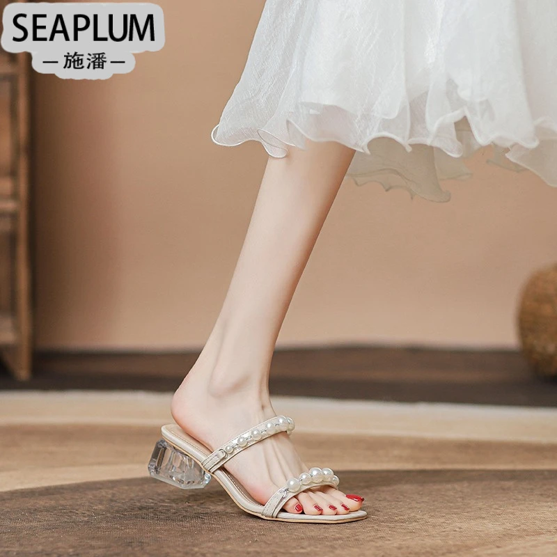 SEAPLUM潮牌珍珠一字带拖鞋女2025夏新款夏季露趾凉拖鞋法式气质