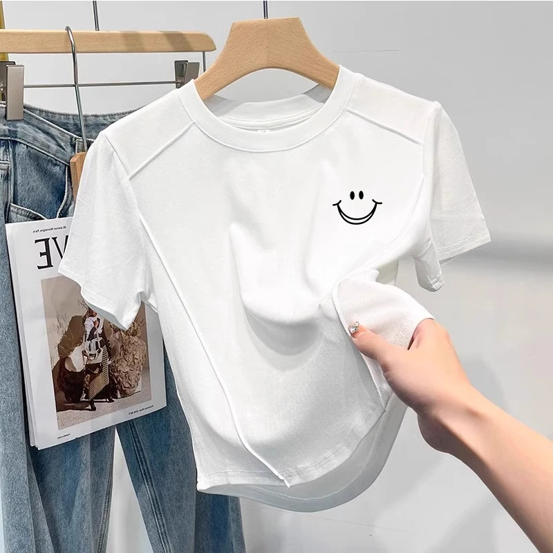 女大童纯棉短袖t恤夏季2025新款不规则正肩体恤弧形收腰短款上衣