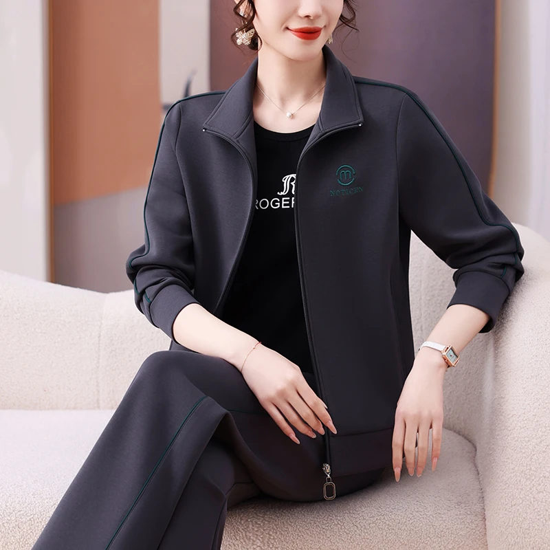 高档休闲运动服套装女春秋季中老年妈妈装套装大码时尚卫衣三件套