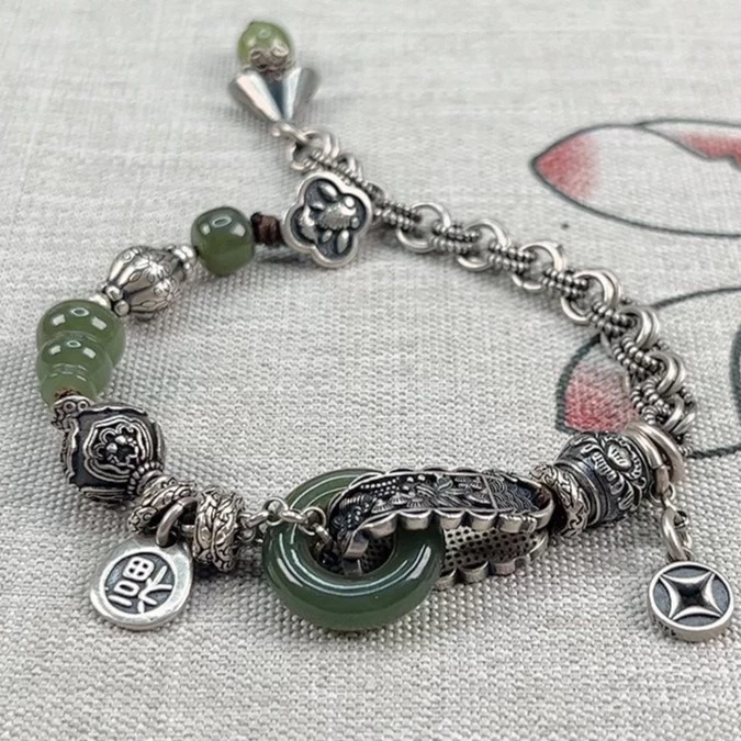 S925银手工银国风气质亲肤舒适和田玉平安扣手链女士秋冬季