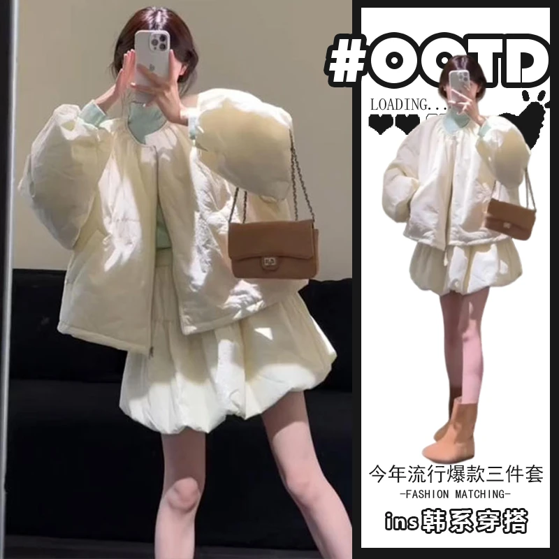 韩系学院风套装秋冬新款棉服外套立领打底衫高腰花苞半身裙三件套