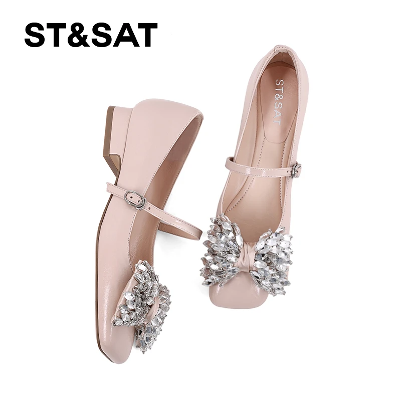 St&Sat/星期六一字带低跟玛丽珍鞋时尚水钻蝴蝶结浅口百搭单鞋