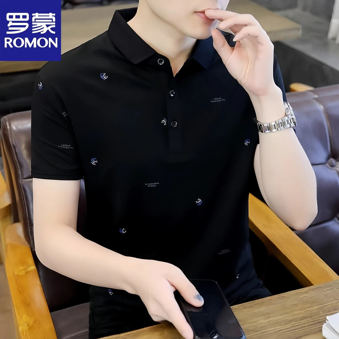 Romon/罗蒙男士翻领polo衫夏季高端印花短袖t恤潮流商务休闲上衣