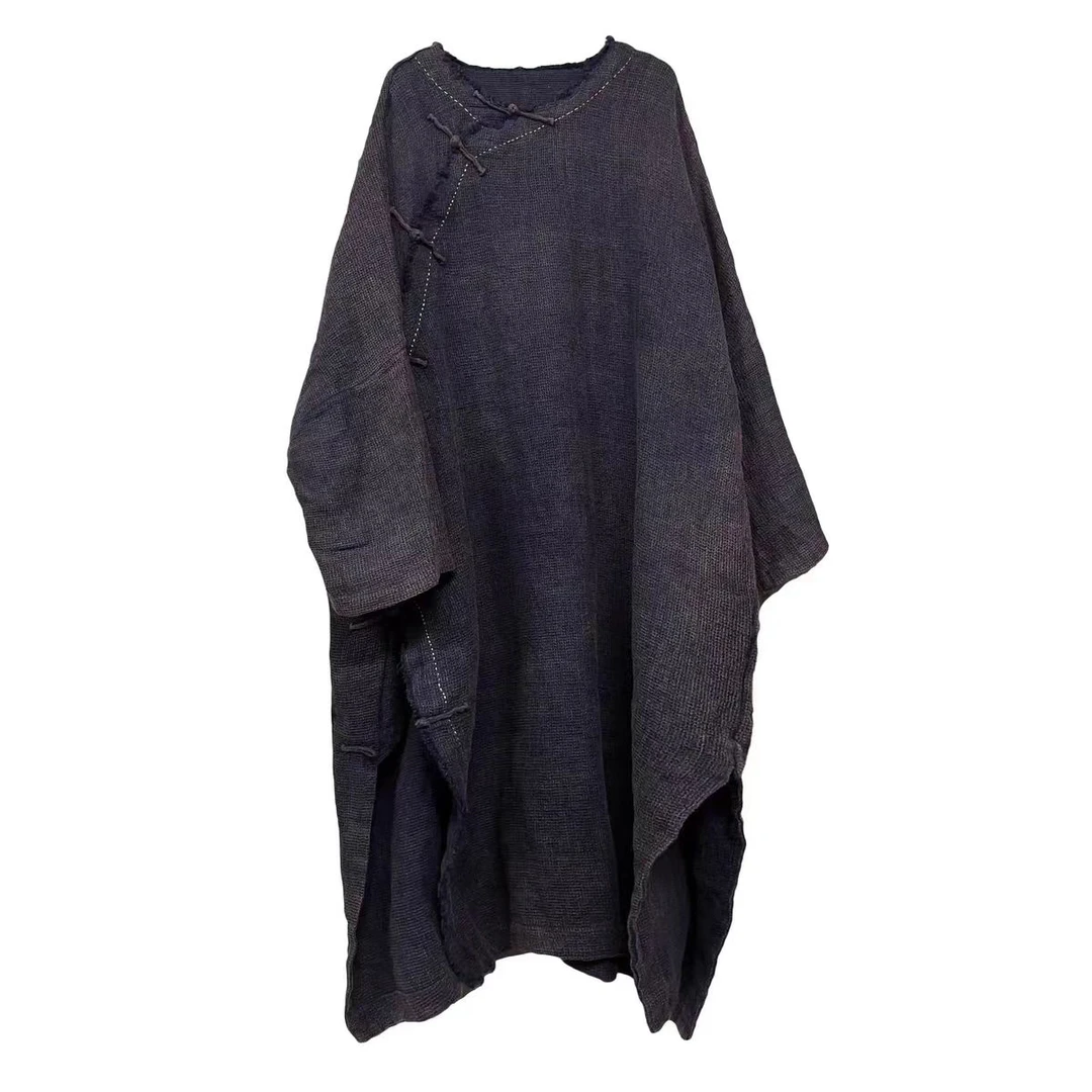 苏沐布衣沉香布衣草堂 亚麻盘扣套头连衣裙 宽松休闲859