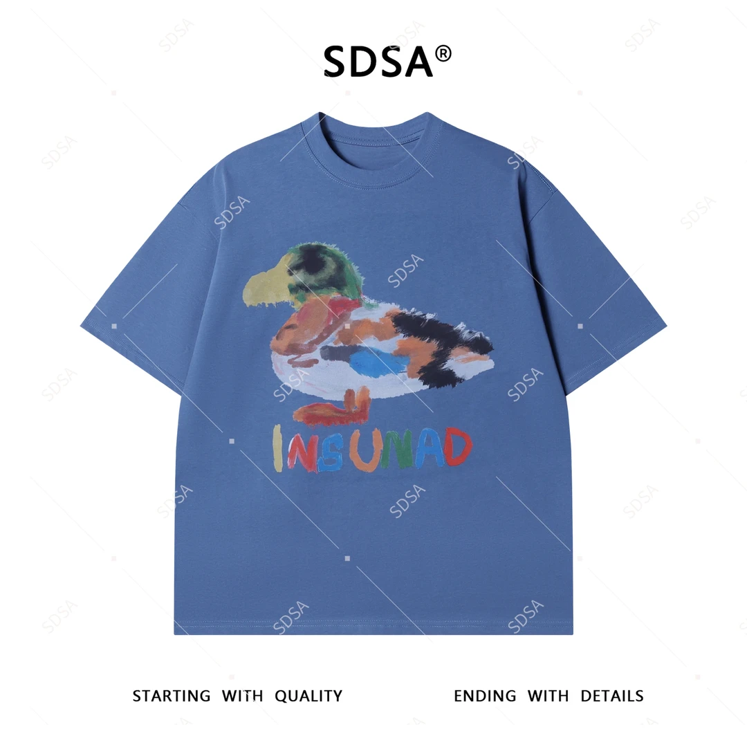 夏季高级感新款男士纯色手绘涂鸦字母鸭子印花短袖T恤圆领上衣