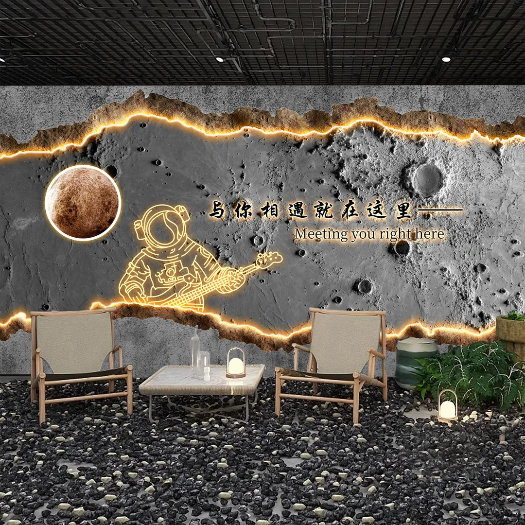 3D发光水泥月球表面墙纸酒吧烧烤火锅店背景墙布网红工业风壁纸