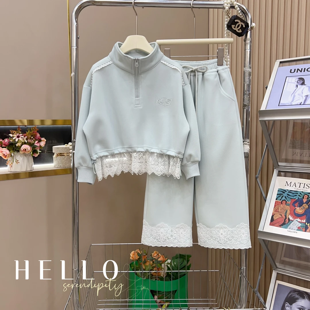 女童2025春季新款韩版洋气拼蕾丝洋气显白女孩套装-6017