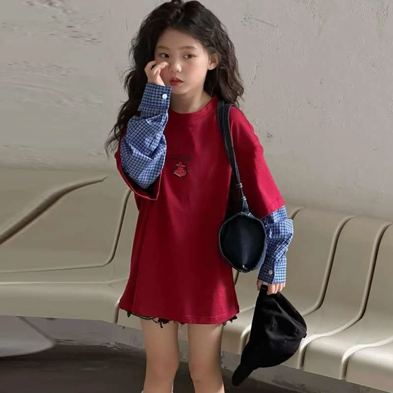 女童假两件拼接T恤春秋2025新款儿童衬衫袖女孩卡通卫衣休闲上衣