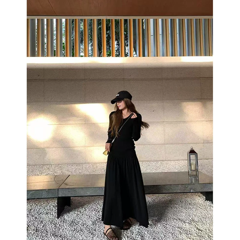 气质极简风修身百搭长袖针织上衣高腰显瘦小众大摆半身裙两件套女