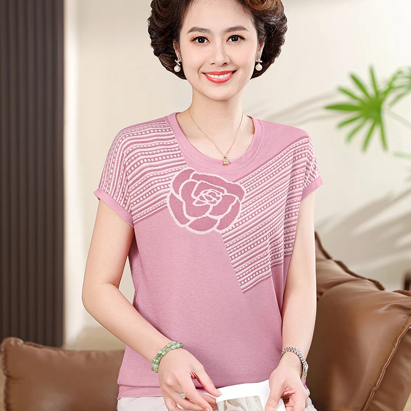 2025新款妈妈夏装洋气冰丝短袖T恤上衣中老年女宽松圆领时尚小衫
