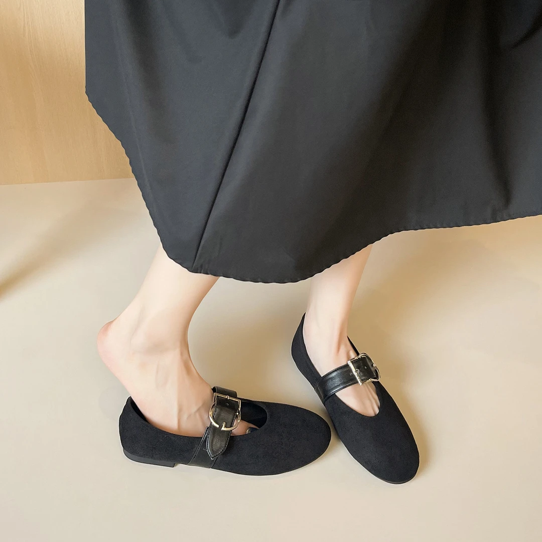 时尚百搭英伦风法式复古软底玛丽珍鞋一字带绒面芭蕾平底单鞋女
