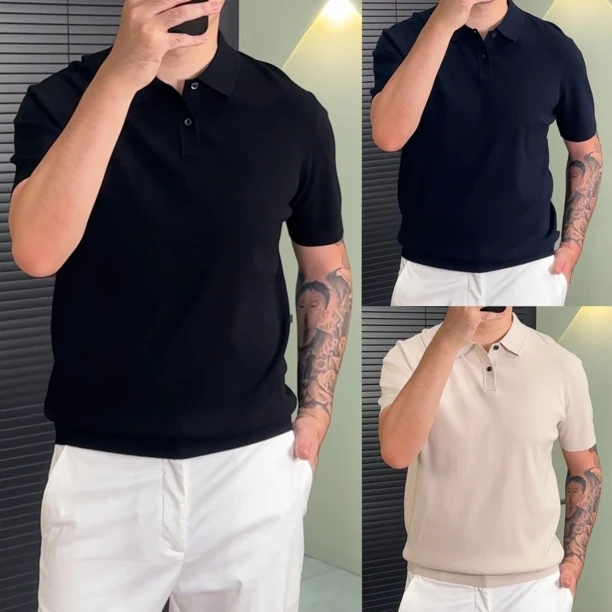 GY165｜秋季新品 男士奢品 时尚简约纯色百搭翻领polo短袖针织衫