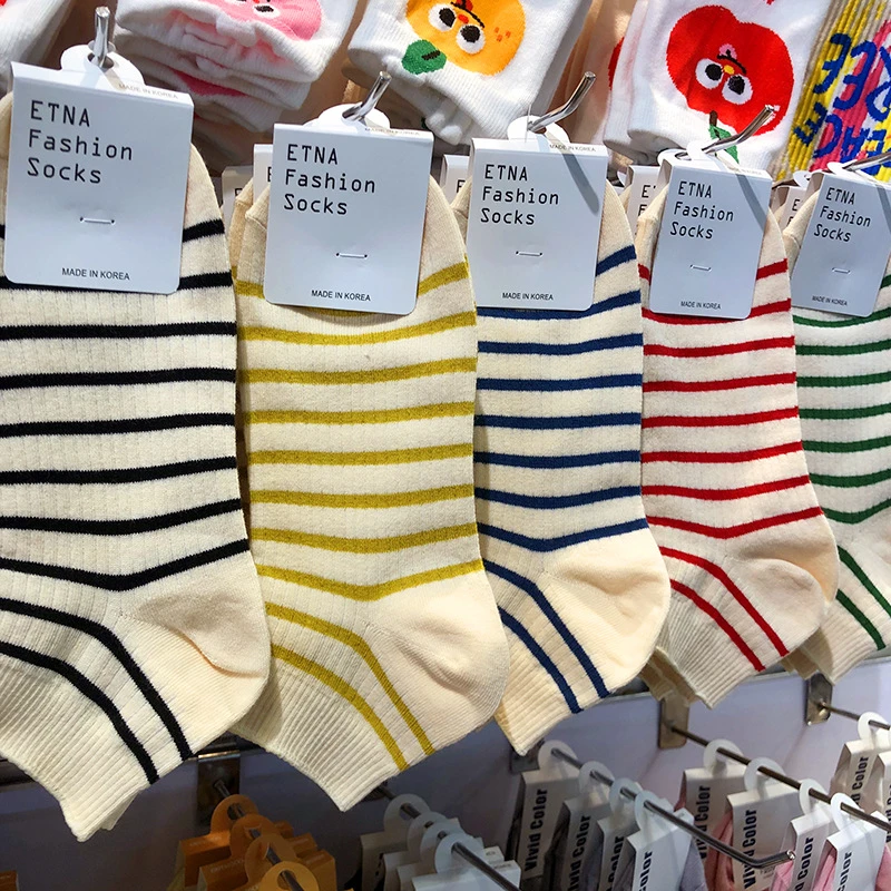 ETNA春夏新款韩国袜子女生拼色条纹低腰薄棉袜韩系松紧边百搭短筒