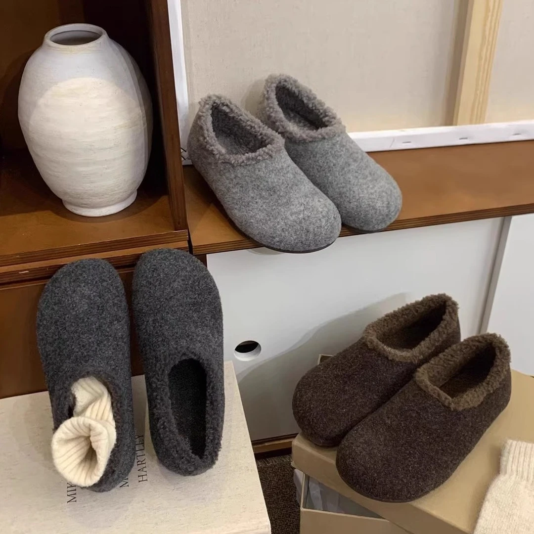 灰色毛毛鞋女冬外穿呢子单鞋一脚蹬平底勃肯鞋女加绒保暖豆豆棉鞋