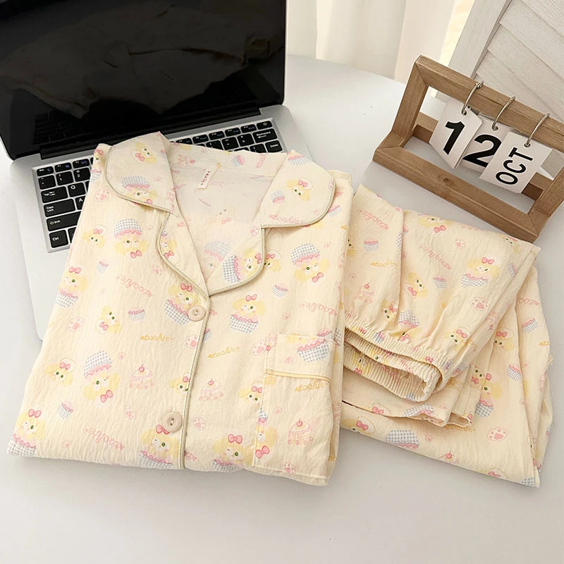 韩系饼饼睡衣女春秋季新款长袖长裤可爱女款家居服套装秋天可外穿