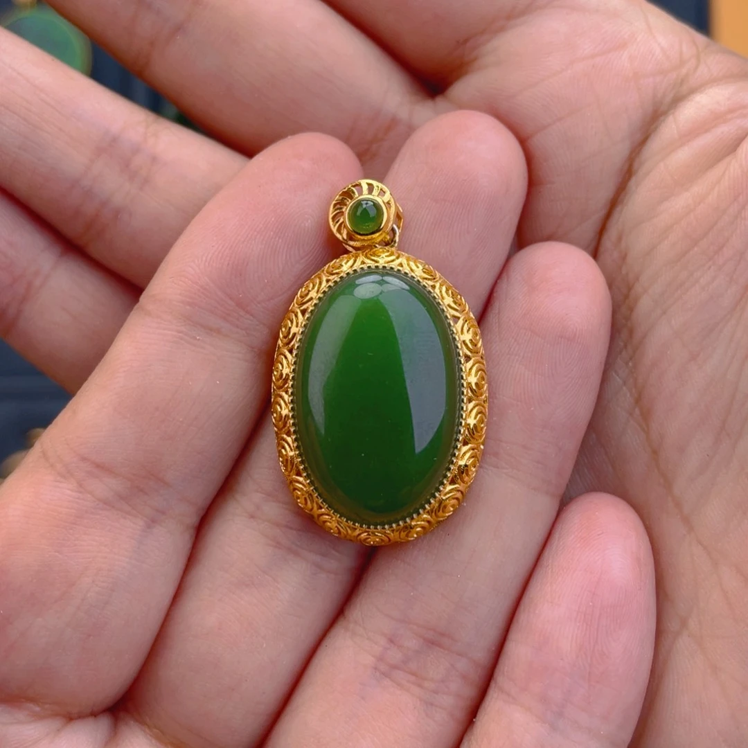 和田玉（碧玉）银S925镶嵌吊坠(不含链)蛋面吊坠