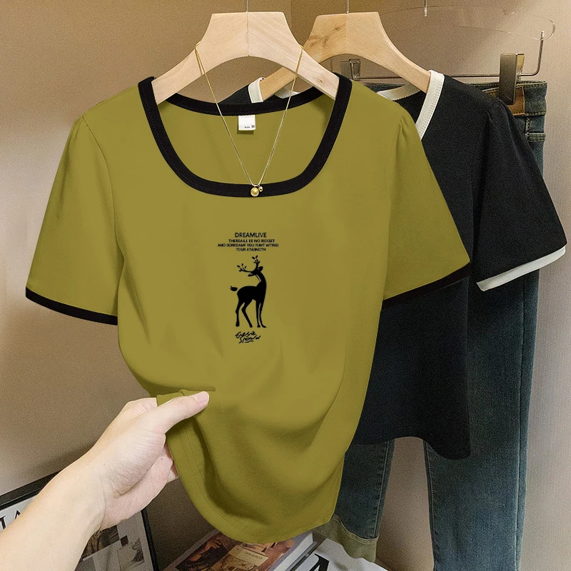 【清仓捡漏】夏季螺纹棉短袖T恤女U领弹力修身显瘦百搭锁骨辣妹上衣