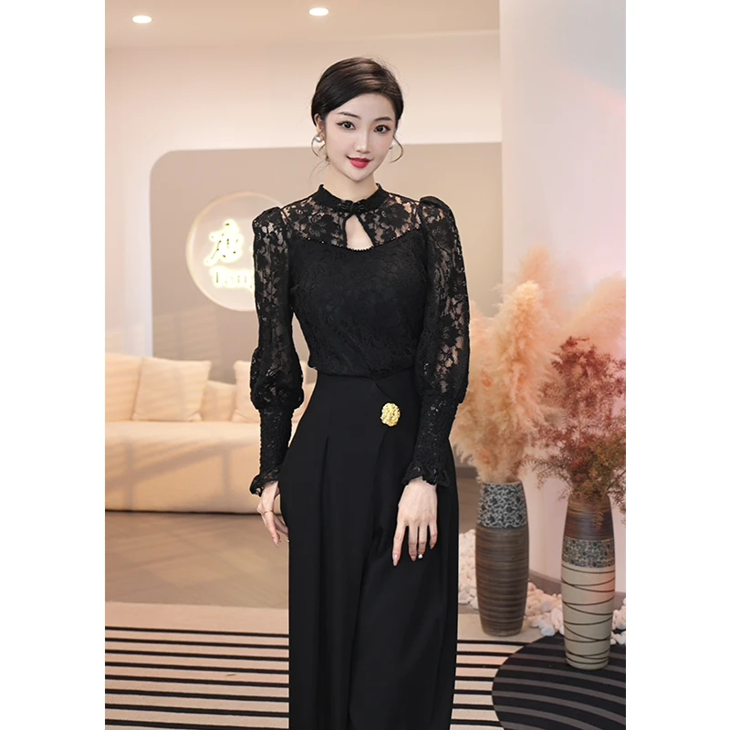 现货2025年春秋季新款【Q23-Q16】气质镂空黑色蕾丝时尚显瘦上衣女