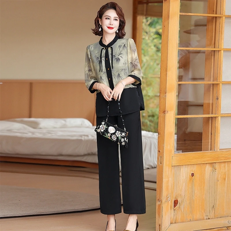 母亲节中年妈妈夏装中袖套装时尚中老年人女洋气新中式气质两件套