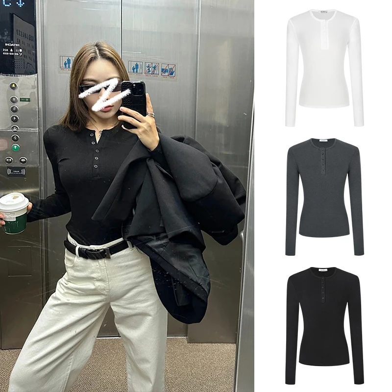 MosesQueen/魔西女王 辣妹半开领上衣女百搭修身圆领长袖打底衫T