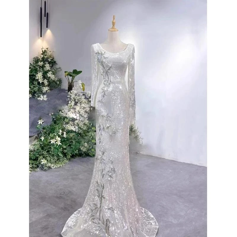 银色晚礼服裙女2025新款中式国风主持人端庄大气独唱女歌手演出服