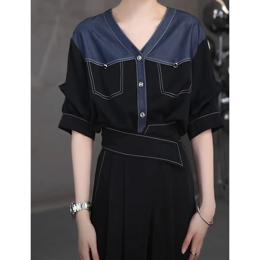 LL·MOD·GD【苏苏】V领设计衬衫2024撞色小众时尚上衣YL-252133