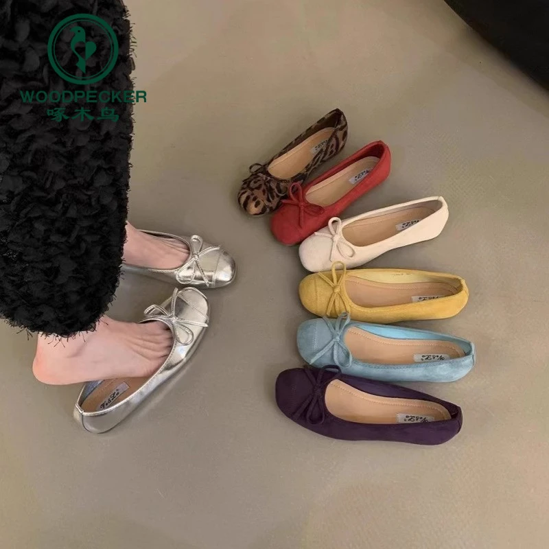 啄木鸟法式蝴蝶结圆头芭蕾舞鞋仙女鞋平底温柔晚晚鞋夏季新款单鞋