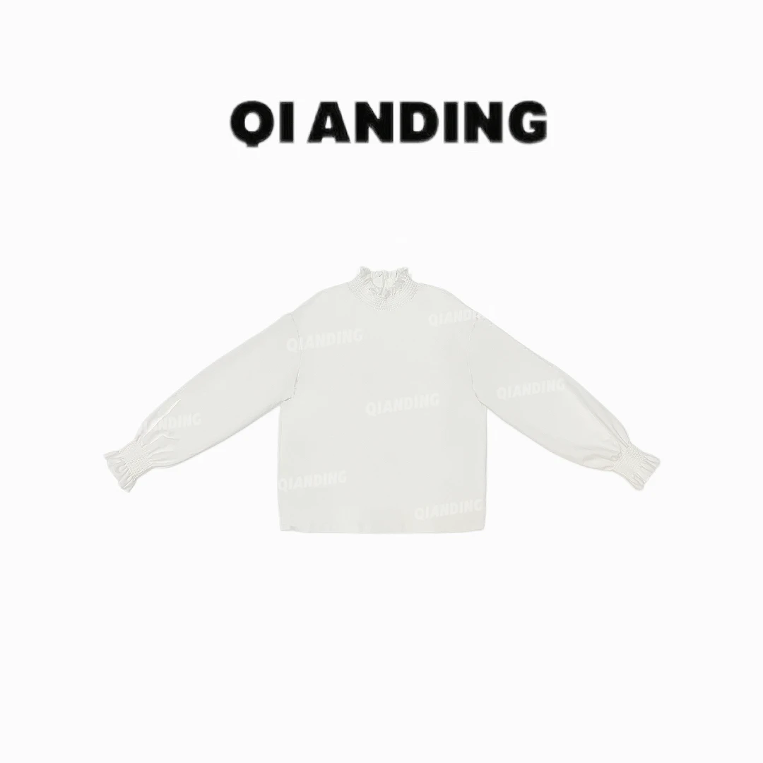 【QIANDING】2025新款“絮语”100棉春季设计木耳边V领长袖衬衫25208