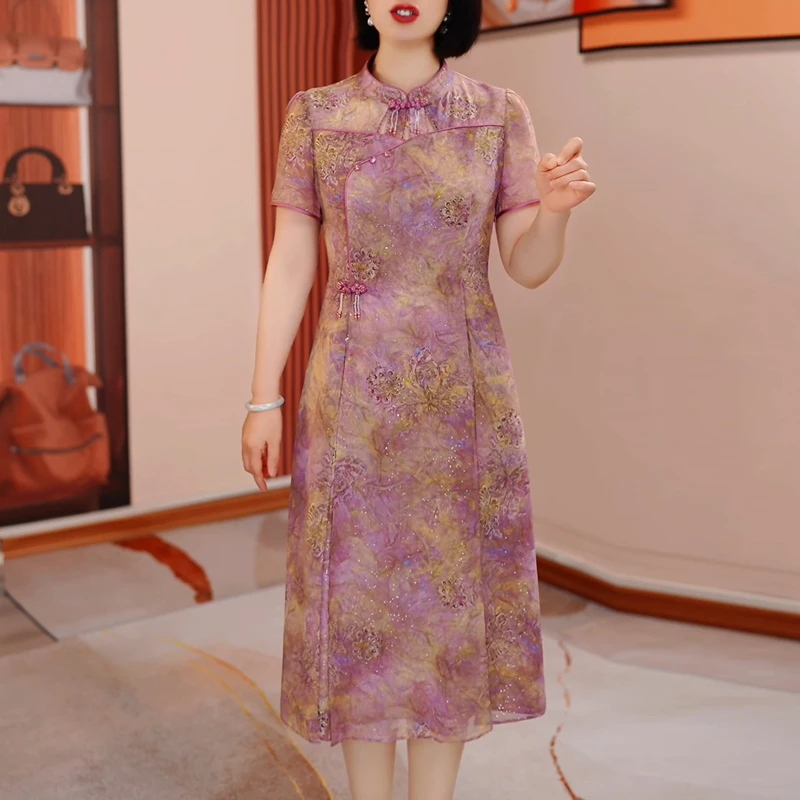 新中式国风连衣裙女2025夏季新款时尚印花遮肚显瘦小个子妈妈裙子