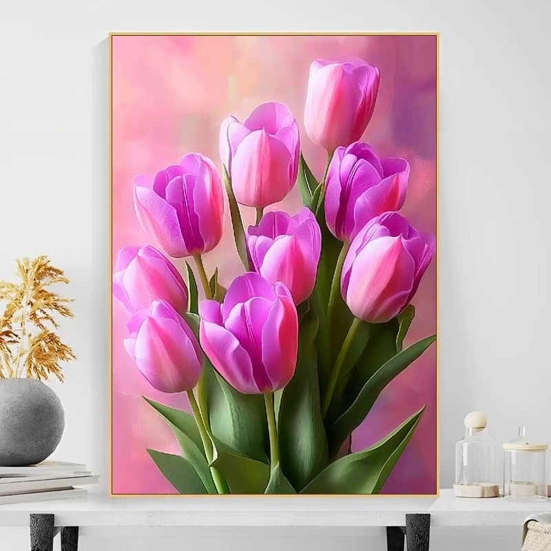 蒙娜丽莎紫色郁金香十字绣大格四股棉线满绣卧室儿童房非成品