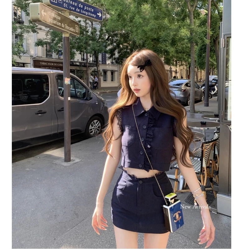 老钱小香风辣妹套装女2025夏季时尚无袖马甲上衣短裙小个子两件套