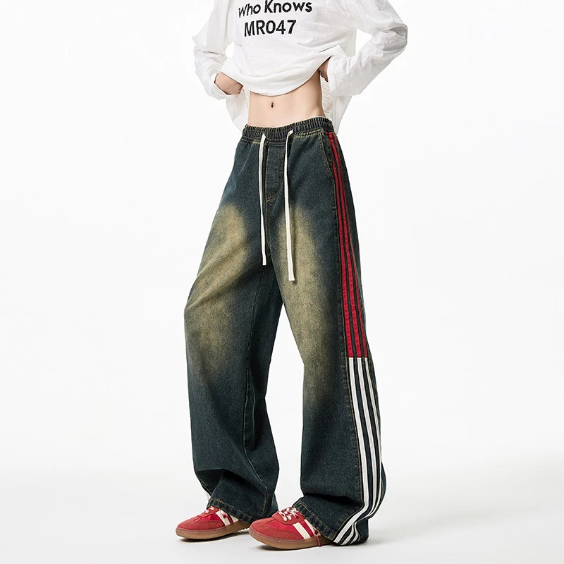 复古蓝条纹牛仔裤男春季水洗拼接直筒裤美式高街潮牌宽松阔腿裤子