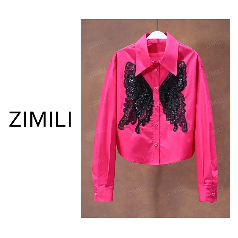 【亮哥女装】2025秋冬新品《蝶恋花》玫红色蝴蝶刺绣时尚休闲衬衫9913