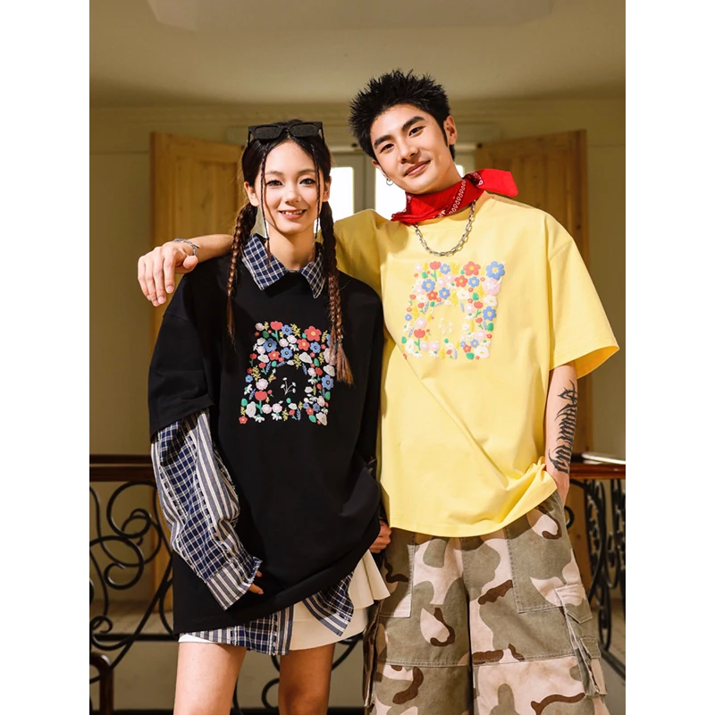 MANYSTON 美式高街小众情侣装t恤夏季国潮280g重磅印花圆领短袖