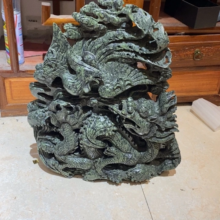 大***菜蛇纹石玉未镶嵌项链龙凤摆件