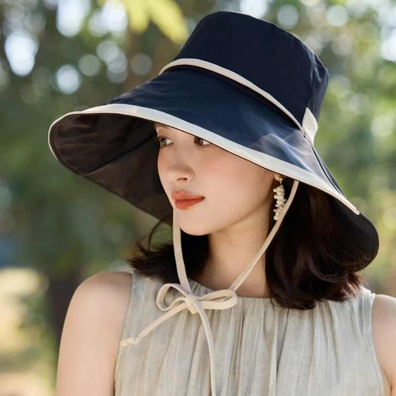 新款加大沿可折叠绑带渔夫帽女士户外防晒穿绳太阳帽户外出游遮阳