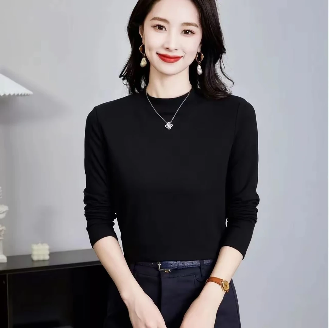 2025新款半高领纯色百搭时尚打底衫女装秋冬简约长袖高弹上衣中领
