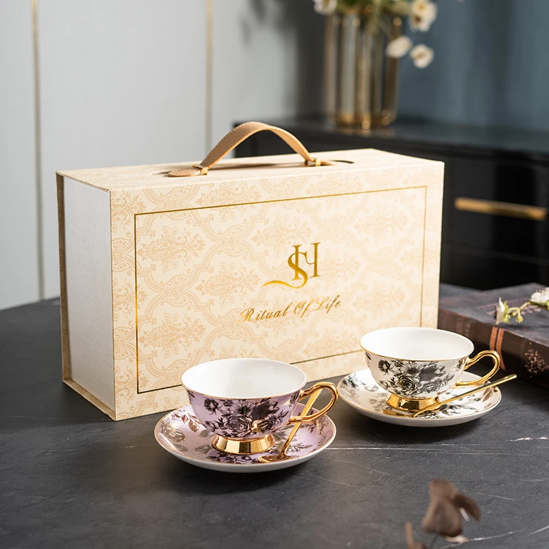 骨瓷咖啡杯碟套装轻奢高级感下午茶茶杯复古水杯礼盒套装节日礼物