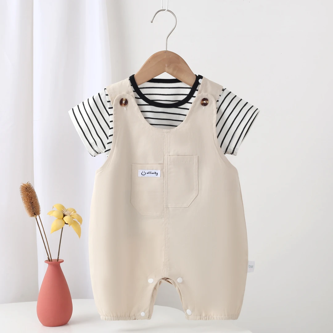 婴儿条纹短袖背带套装新生儿爬服潮流宝宝衣服外穿分体衣夏装衣服