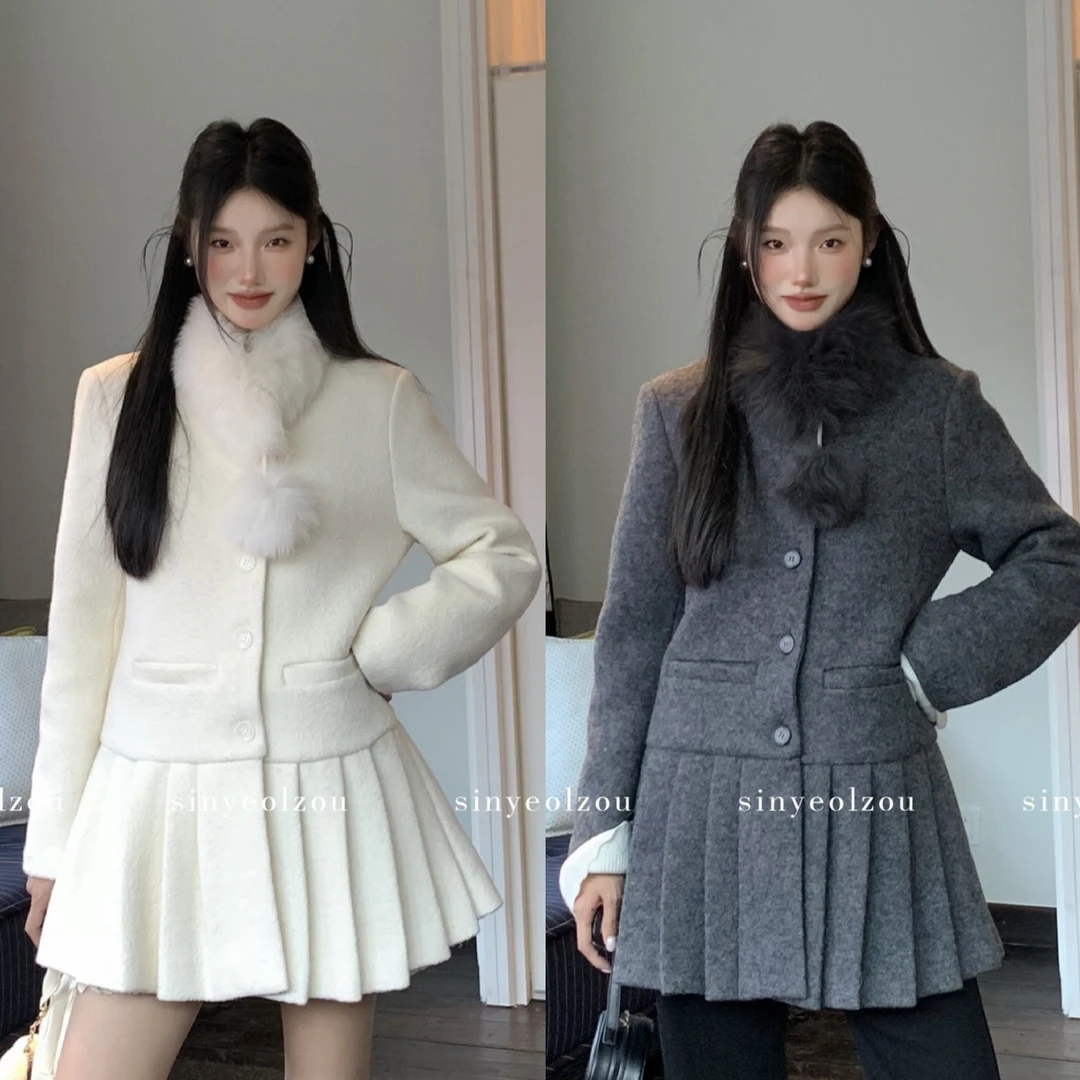 sinyeolzou 甜美60%羊毛90绒西装百褶裙外套 #1098