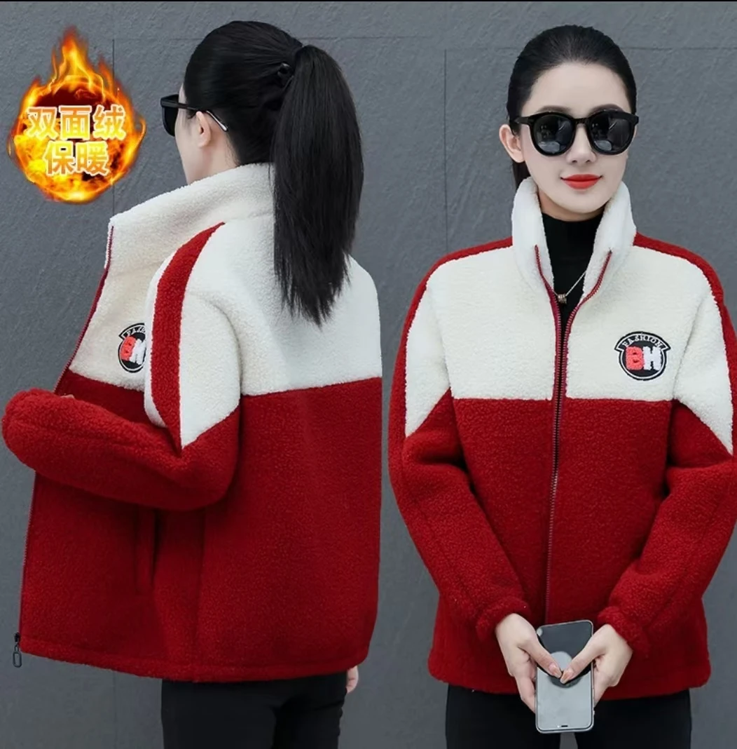 冬季加绒加厚颗粒绒外套女装拼接减龄立领保暖时尚潮流百搭上衣66