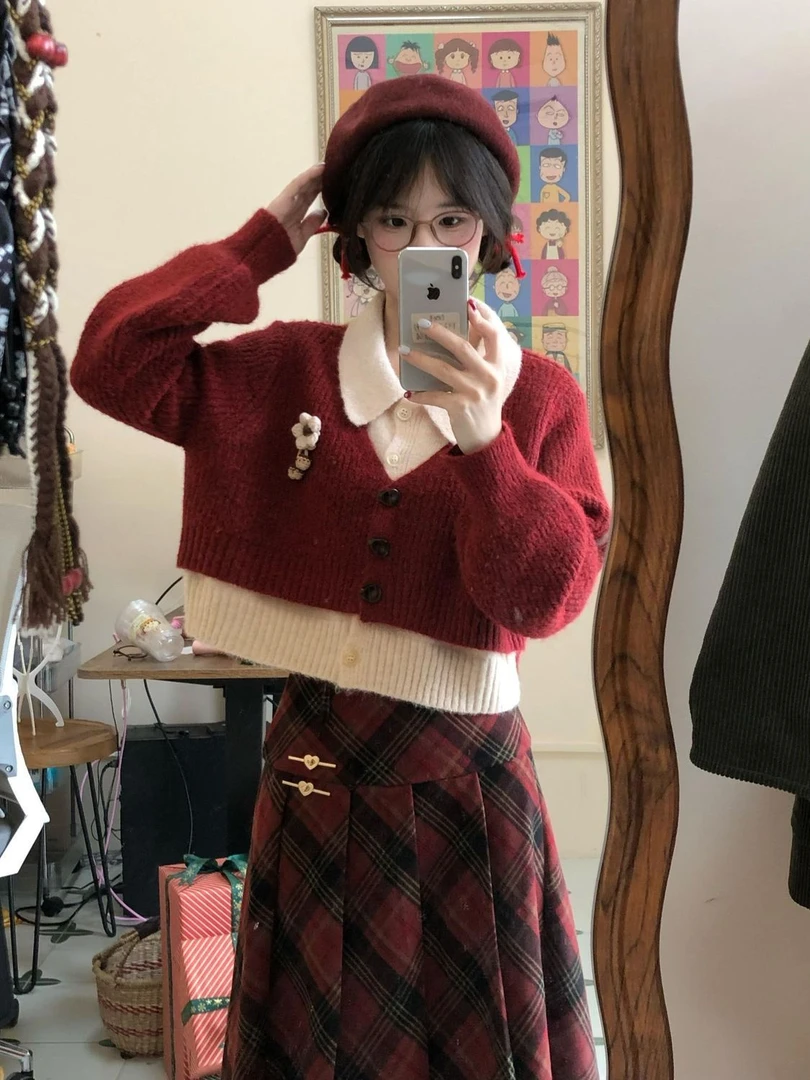 圣诞节跨年穿搭一整套假两件POLO领针织毛衣女搭配高腰格纹半身裙