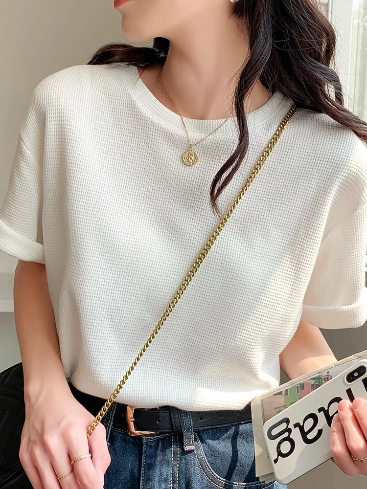 0099 华夫格t恤女短袖夏季2025春新款设计感小众纯色半袖ins潮